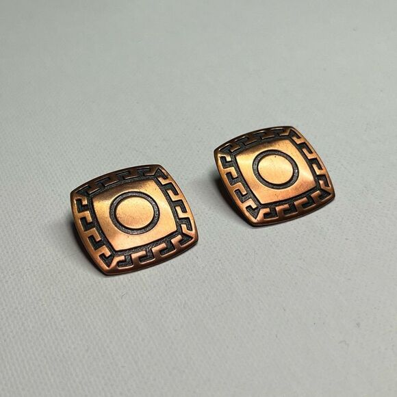 VINTAGE Square Modernist “Sun” Abstract Copper Earrings Clip On - Picture 2 of 7